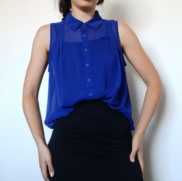 Royal Blue Sheer Sleeveless Blouse - Picture 2 of 11